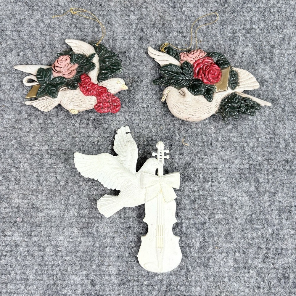 Vintage 90s‎ Y2K Dove Christmas Ornaments Lot 3pc Romantic Holiday Rose Violin
